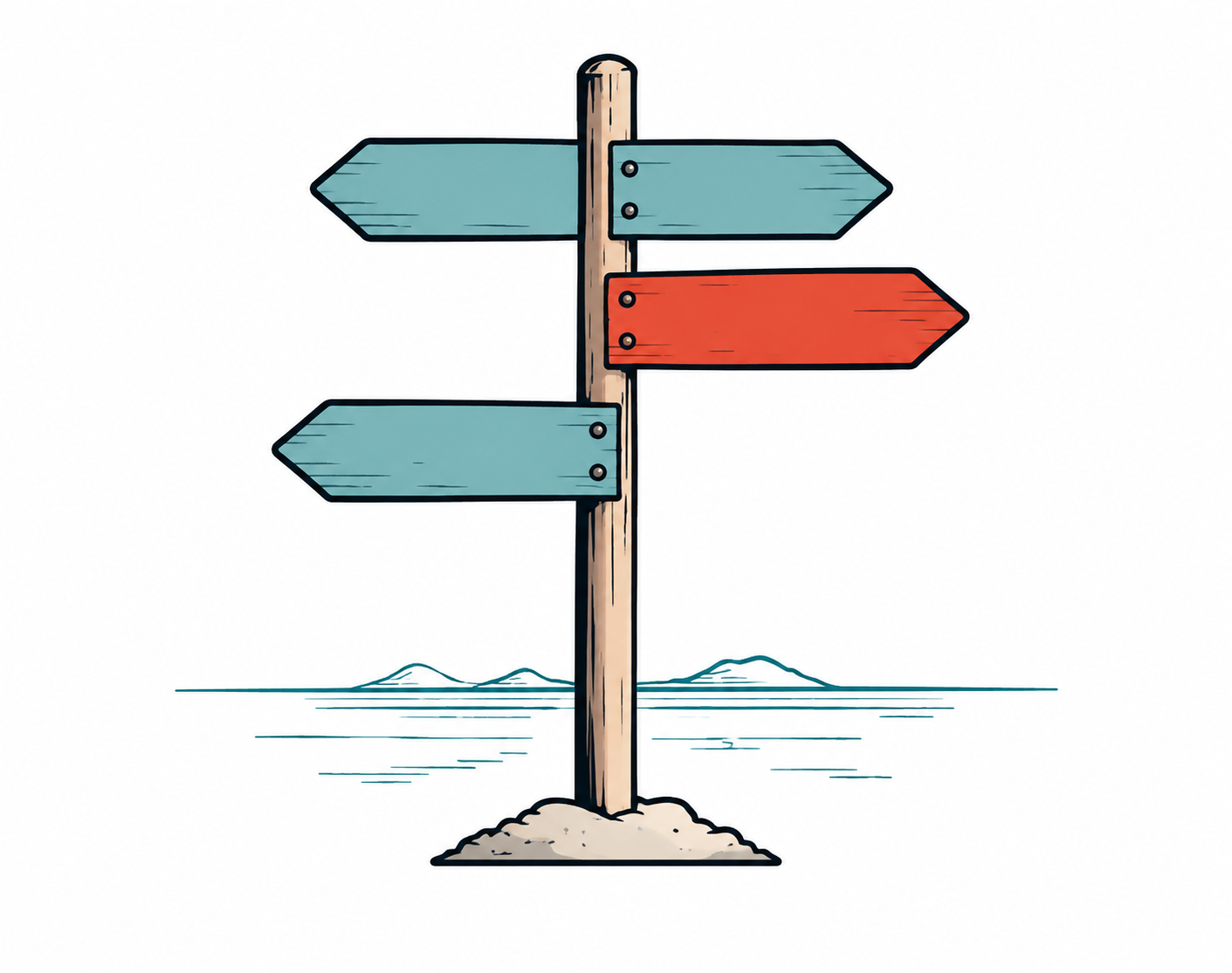 Field guide style illustration of a wooden signpost with directional arrows by the water
