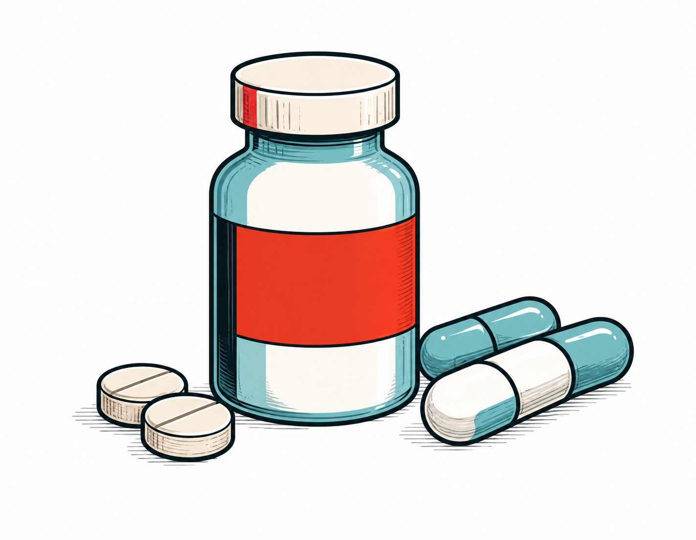 Field guide style illustration of a medication bottle with capsules and tablets
