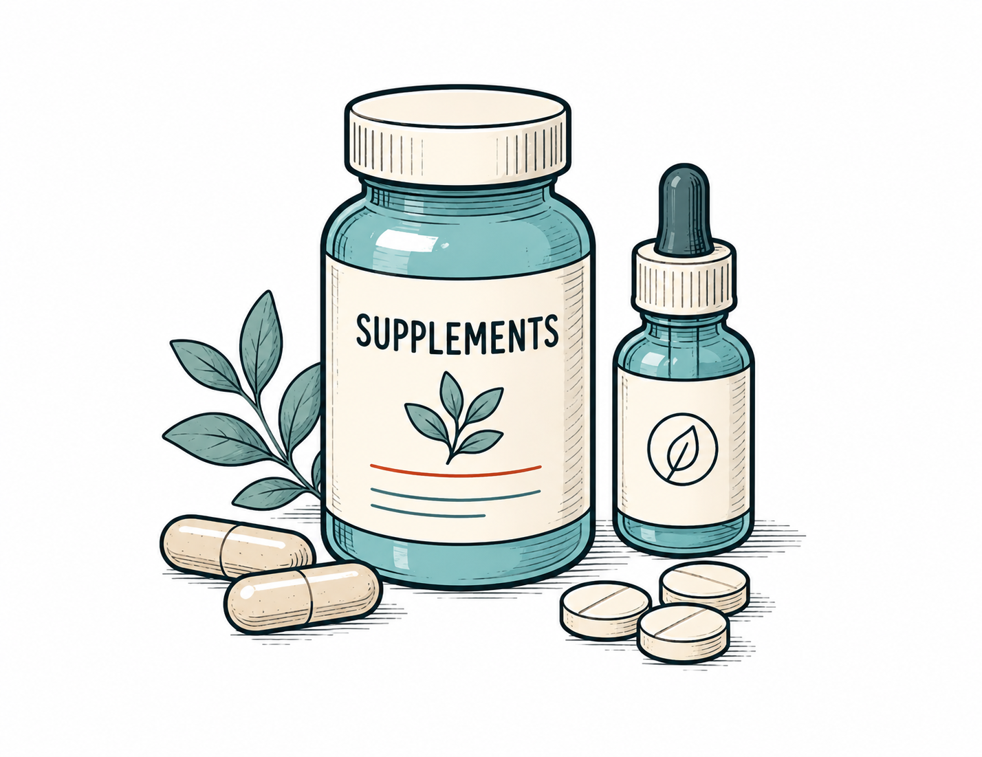 Field guide style illustration of a supplement bottle with capsules, tablets, and a dropper bottle
